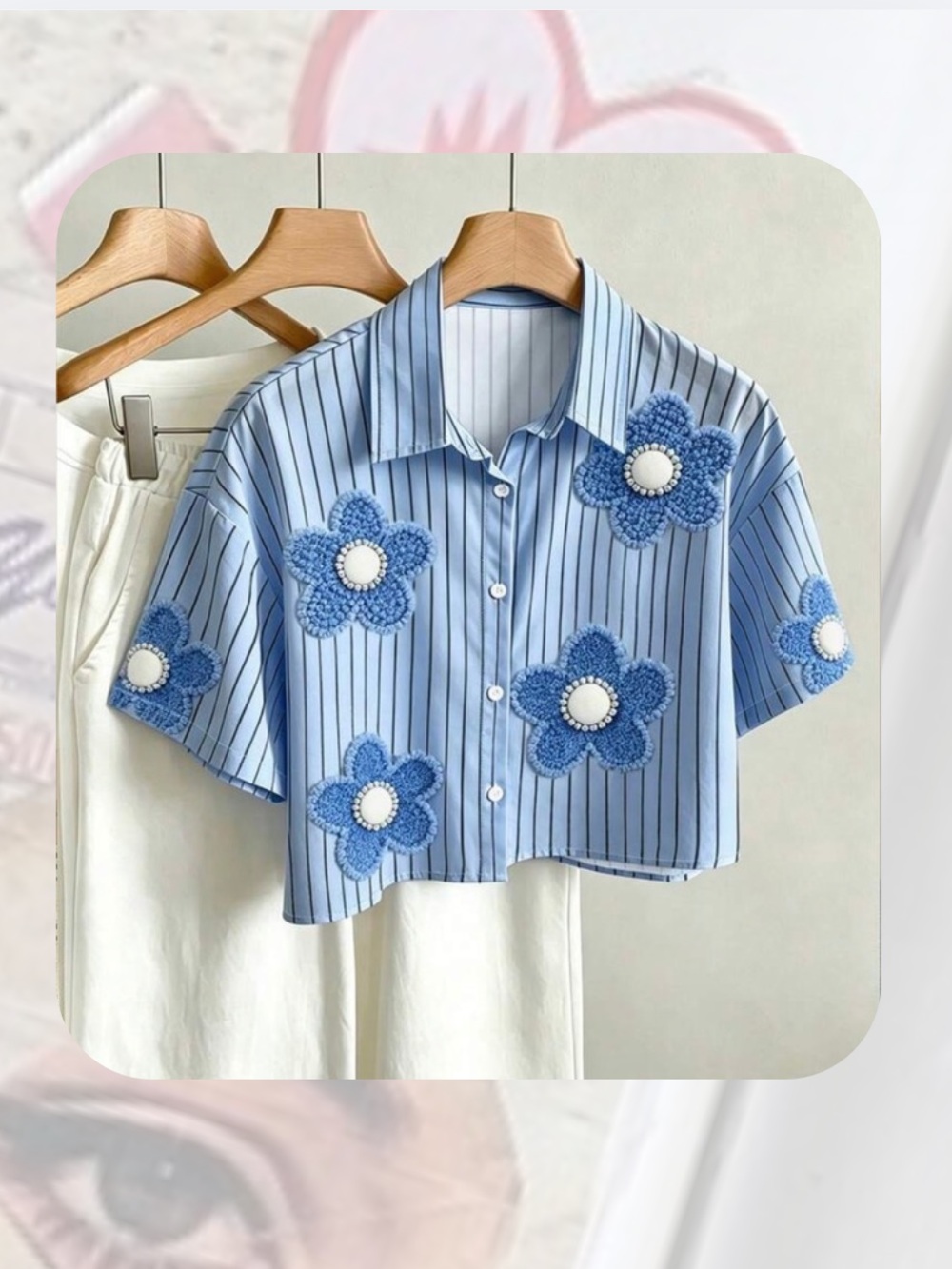NWTπ Pastel Blue & White Striped Short Sleeve Floral Print Button Up